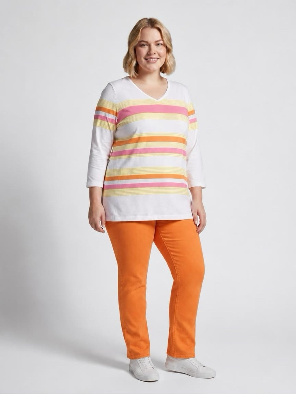 Coral Bay PLUS White V-Neck Long Sleeve Top with Pink and Yellow Stripes